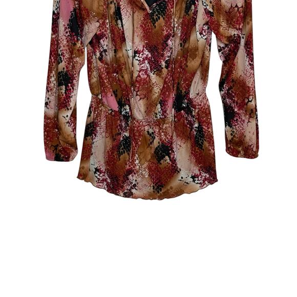 Elementz Earth Tones Deep V Neck Ruffled Cinched Long Sleeve Romantic Blouse - Picture 5 of 7